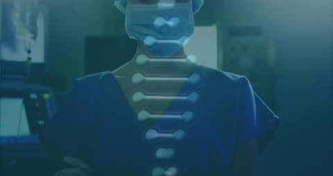 Surgeon in Mask with Overlay of Rotating DNA Helix