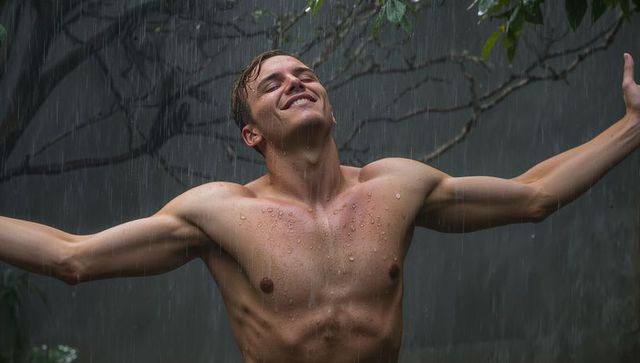 Shirtless man embracing rain in forest with arms outstretched showing freedom and nature