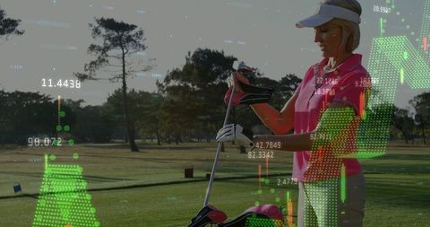 Female Golfer Organizing Clubs with Digital Overlay on Green Fairway