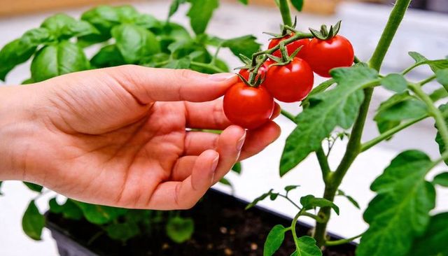 Hand picking ripe cherry tomatoes on windowsill planter — homegrown gardening harvest