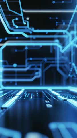 Vertical video traveling through neon blue circuit tunnel showcasing futuristic digital network