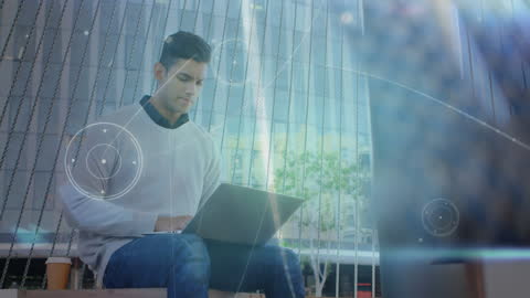 Man Using Laptop in Futuristic Digital Environment