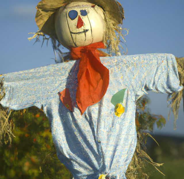 Colorful handmade scarecrow stands in sunlit field, bright red scarf and straw hat, wearing a denim shirt. Perfect for topics related to agriculture, farm life, rural countryside, and autumn decor. Useful for illustrating stories about farming practices, scarecrow festivals, Halloween decoration, and harvest time.