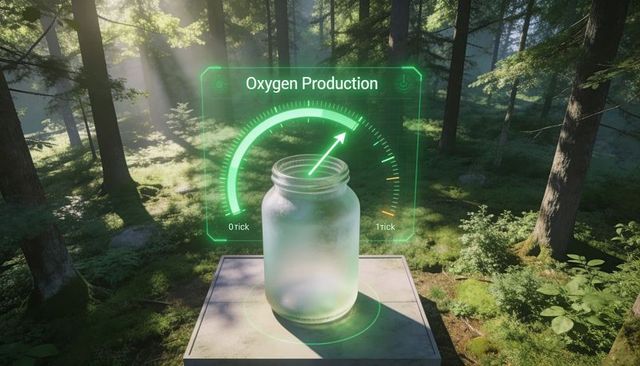 Frosted glass jar projecting green holographic oxygen production gauge in sunlit forest