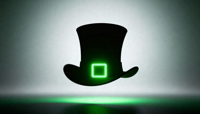 Levitating black top hat with glowing neon green square emblem over reflective floor