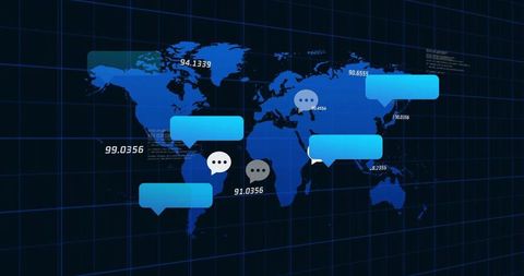 Global chat network dashboard showing holographic world map, data bubbles and coordinates