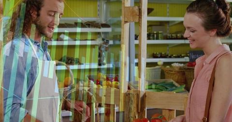 Farm Market Seller Handing Tomatoes While Customer Selecting Fresh Produce at Rustic Stall