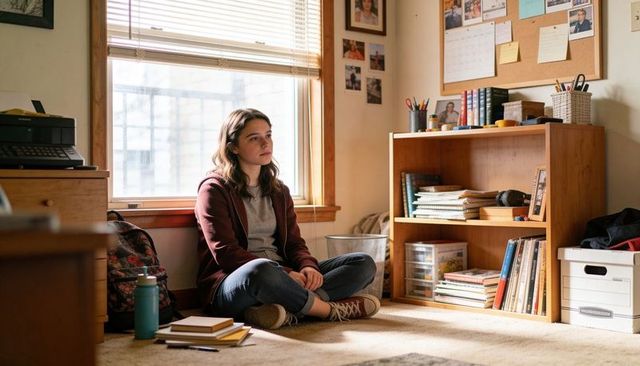 Thoughtful teen student sitting on dorm floor gazing out window with notebooks, backpack