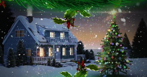 Cozy Snowy Cabin with Christmas Lights and Decorations - Download Free Stock Images Pikwizard.com