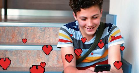 Happy Boy Chatting on Smartphone with Digital Hearts - Download Free Stock Images Pikwizard.com