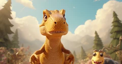 Playful Cartoon Dinosaur Greeting with Yellow Bug in Forest