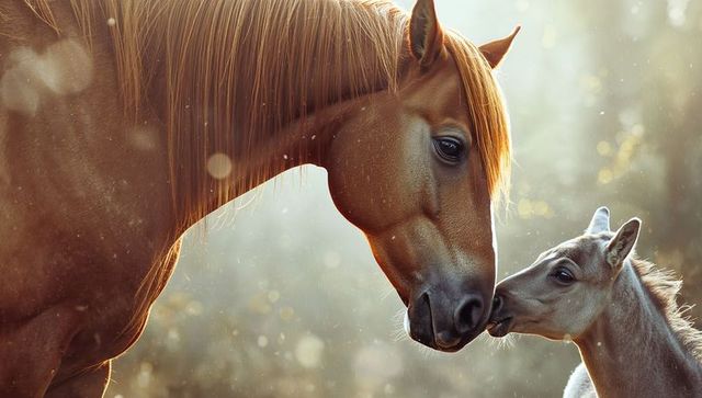 Forging Bonds: Majestic Chestnut Horse Nuzzling Playful Foal in Dappled Sunlight