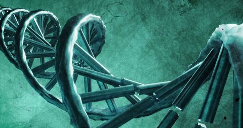 Macro View of Spinning 3D DNA Strand on Green Background