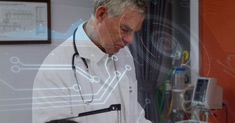 Senior Physician Reviewing Clipboard, Holographic Medical Interface, Wearing Stethoscope