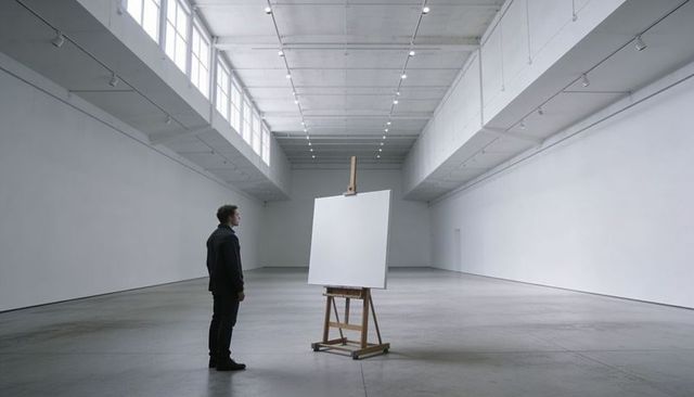 Artist contemplating blank canvas on easel in minimalist gallery with high ceilings
