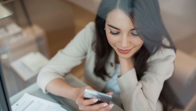 Professional Woman Engaging with Smartphone at Modern Office Desk