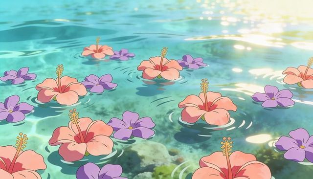 Sunlit hibiscus and purple blooms floating on turquoise lagoon with gentle ripples