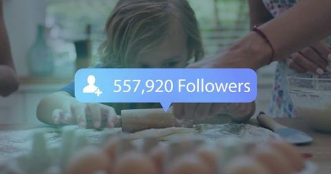 Mother guiding child rolling dough while social media followers growing