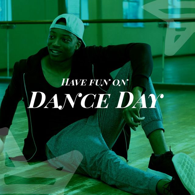 Composite of african american young man sitting on floor in dance studio and have fun on dance day. Text, relaxing, national dance day, dance, art, unesco, awareness and celebration concept.