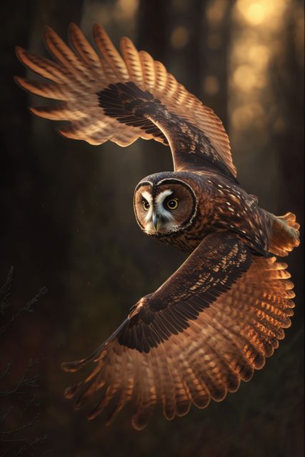 Close up of owl flying in forest, created using generative ai technology. Nature, bird, wild animal and wildlife concept digitally generated image.