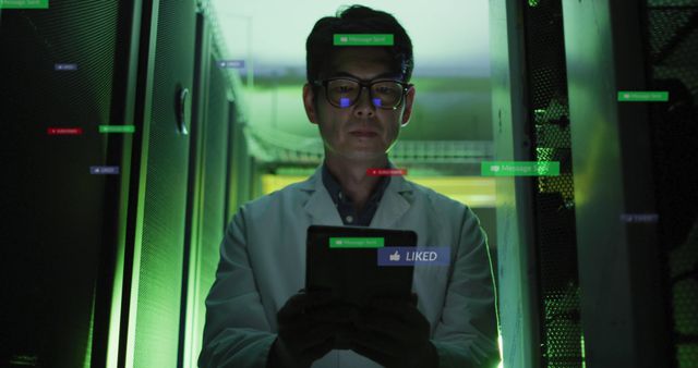 Scientist in a laboratory coat using a touchscreen device in a data center with immersive green lighting. Representing concepts of data analysis, cutting-edge technology, digital innovation, and research. Ideal for use in articles or presentations about technology, science, data analysis, or scientific research and advancements.