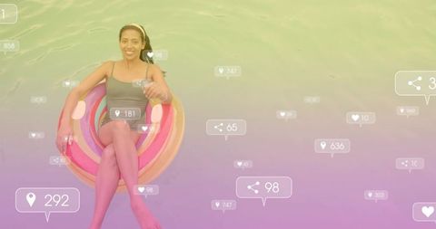 Woman floating on colorful donut pool float with social notifications and pastel gradient