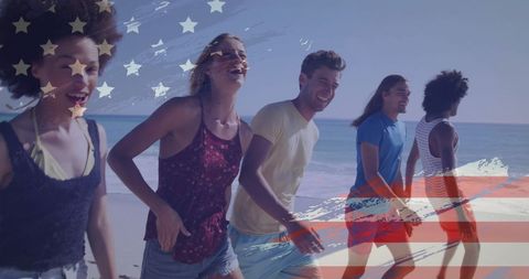 Joyful Friends Celebrating Independence Day on Beach
