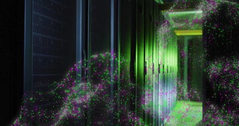 Neon data center aisle with glowing server racks and swirling magenta lime particles