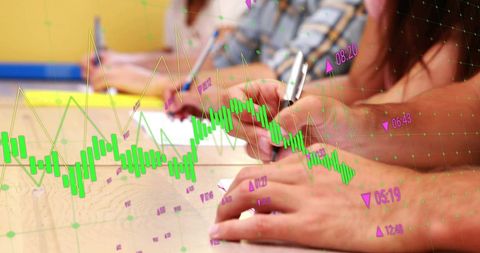 Students takes notes overlay with financial data visuals
