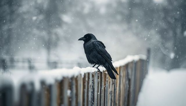 Solitary Crow Perching on Snow-Covered Fence in Winter Forest