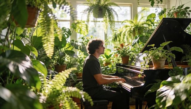 Young male pianist among lush indoor plants playing grand piano in sunlit conservatory