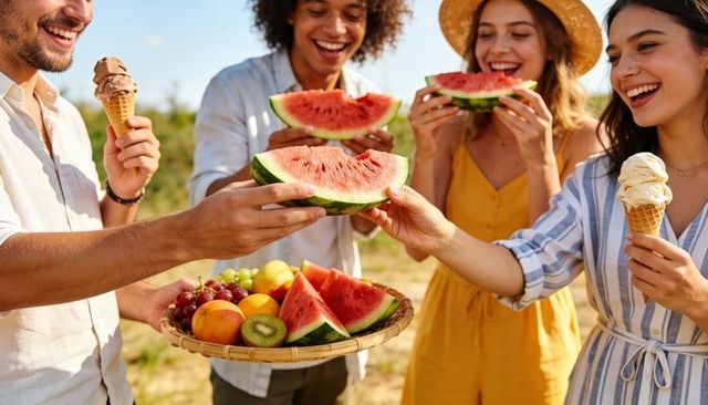 Friends sharing watermelon and ice cream at sunny summer picnic in meadow