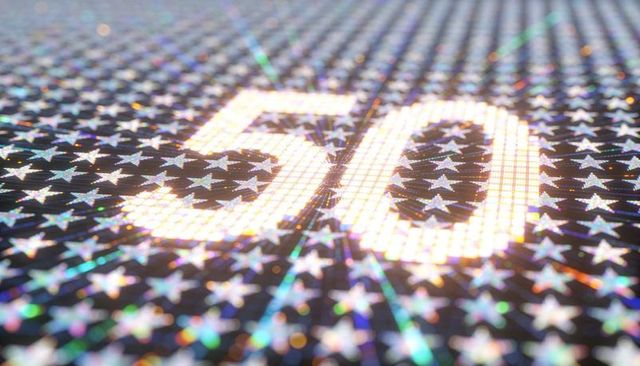Glowing holographic 50 on iridescent starfield pixel grid with bokeh lensflare
