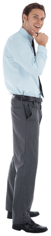 Transparent businessman deep in thought and smiling