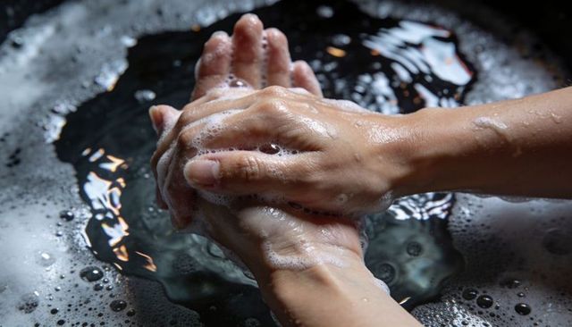 Closeup adult hands washing with soap lather over dark reflective basin water ripples