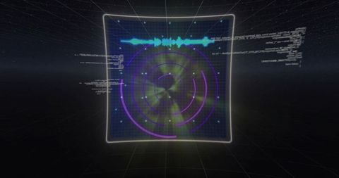 Futuristic holographic radar interface displaying neon waveform, concentric arcs, spatial grid