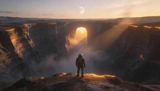 Astronaut standing on canyon ledge surveying monumental arch and misty gorge at sunrise