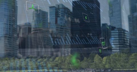 Digital Global Business Overlay on Cityscape