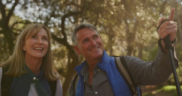 happy couple hiking in forest during sunny day - Download Free Stock Images Pikwizard.com