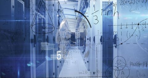 Digital Data Overlay with Mathematical Equations in Server Room - Download Free Stock Images Pikwizard.com
