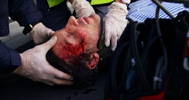 Paramedics providing emergency medical assistance to an injured man lying on the street with a visible head wound. The image can be used in contexts such as healthcare, emergency response, trauma care awareness, first aid training materials, and crisis management illustrations.