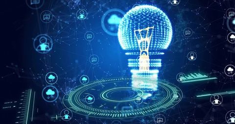 Holographic lightbulb rising over futuristic data hud with cloud connectivity and avatars