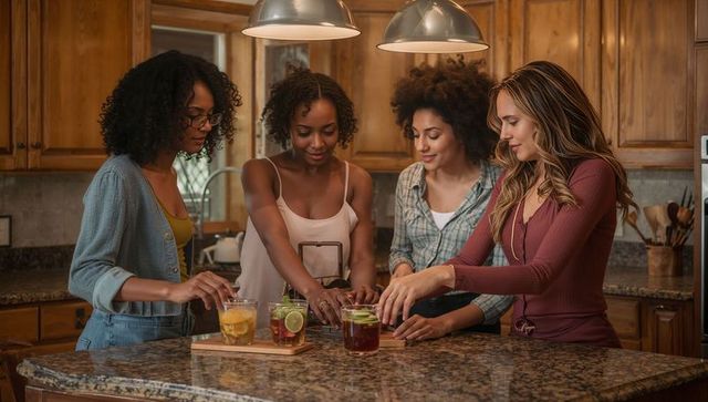Friends arranging refreshing iced drinks on granite kitchen island with citrus garnishes, cozy