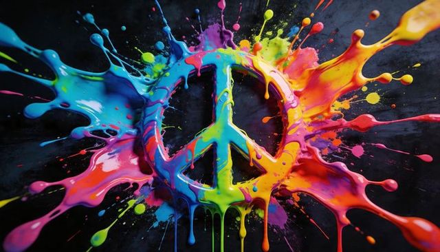 Peace symbol pouring neon paint exploding into vibrant rainbow splashes and drips
