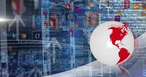 Digital globe with data and icons in futuristic server room