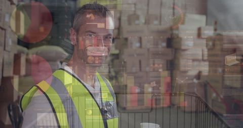 Warehouse worker in safety vest engaging with logistics charts