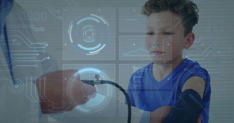 Boy having blood pressure measured with futuristic medical hud overlays for pediatric care