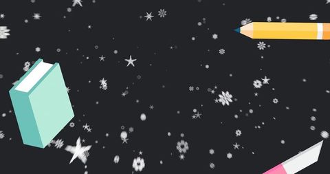 School Supplies with Floating Stars on Dark Background