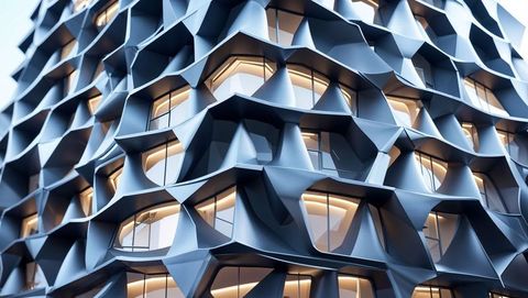 Futuristic geometric facade of urban building with illuminated windows