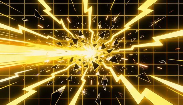 Neon yellow energy burst shattering triangular shards and lightning across grid matrix futuristic